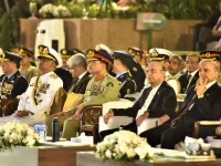 prime minister shehbaz sharif president asif ali zardari chief of defence forces field marshal asim munir air chief marshal zaheer ahmed babar sidhu and chief of naval staff admiral naveed ashraf attend the marka e haq first anniversary ceremony at the pakistan monument in islamabad photo ispr