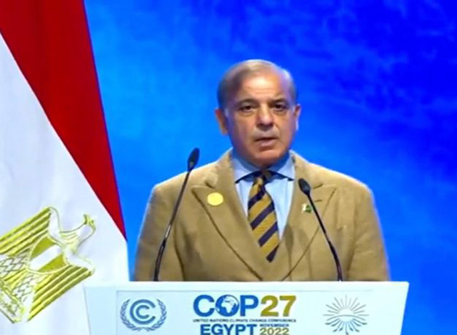 prime minister shehbaz sharif is delivering national statement at the cop27 summit in egypt s sharm el sheikh on november 8 2022 photo app