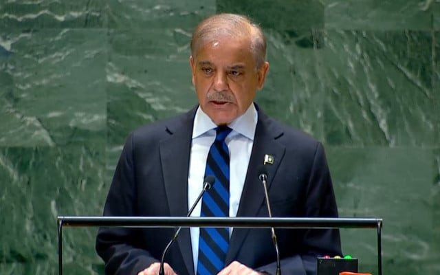 prime minister shehbaz sharif is addressing the 79th session of the united nations general assembly unga in new york on friday screengrab prime minister shehbaz sharif is addressing the 79th session of the united nations general assembly unga in new york on friday screengrab