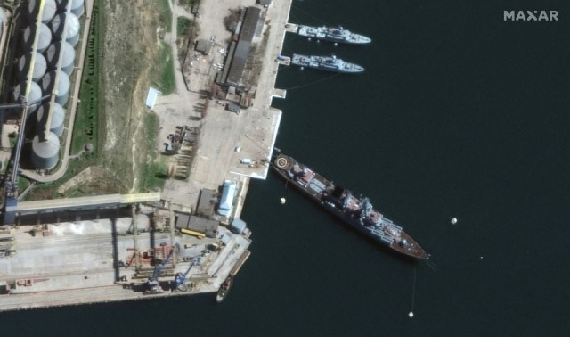 satellite image shows a view of russian navy s guided missile cruiser moskva at port in sevastopol crimea april 7 2022 picture taken april 7 2022 satellite image 2022 maxar technologies handout via reuters satellite image shows a view of russian navy s guided missile cruiser moskva at port in sevastopol crimea april 7 2022 picture taken april 7 2022 satellite image 2022 maxar technologies handout via reuters