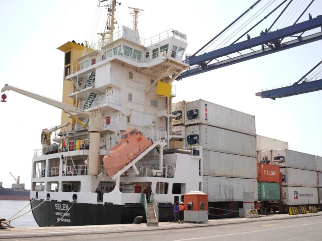 first container vessel mv selen arrives at karachi port after reopening of the strait of hormuz photo express first container vessel mv selen arrives at karachi port after reopening of the strait of hormuz photo express