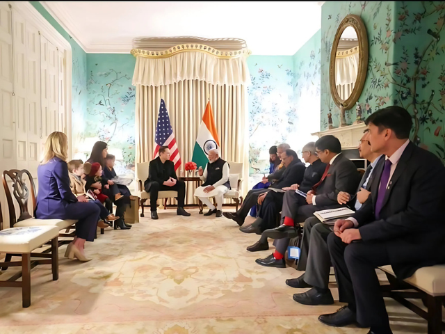 Photo: Prime Minister Narendra Modi with Tesla chief Elon Musk at Blair House in Washington DC/@prem_thakker on X