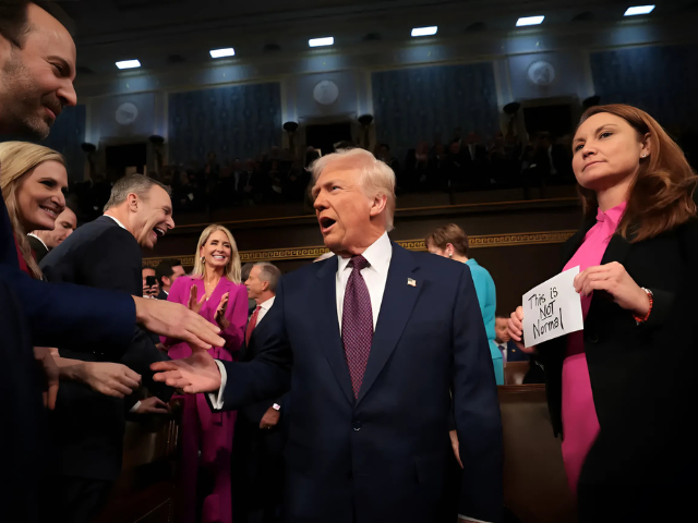 photo rep melanie stansbury holds a sign reading this is not normal as president trump arrives for his speech