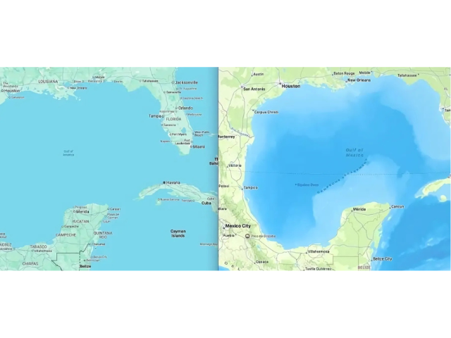 Photo: Google Maps says “Gulf of America” and Apple Maps says “Gulf of Mexico.”