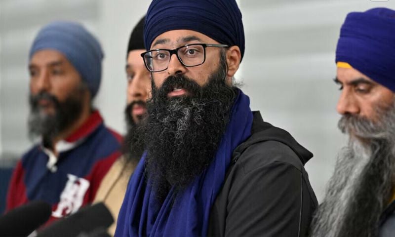 moninder singh spokesperson for bc gurdwara council speaks at a press conference held at guru nanak sikh gurdwara site of the 2023 murder of sikh separatist leader hardeep singh nijjar in surrey british columbia canada photo reuters