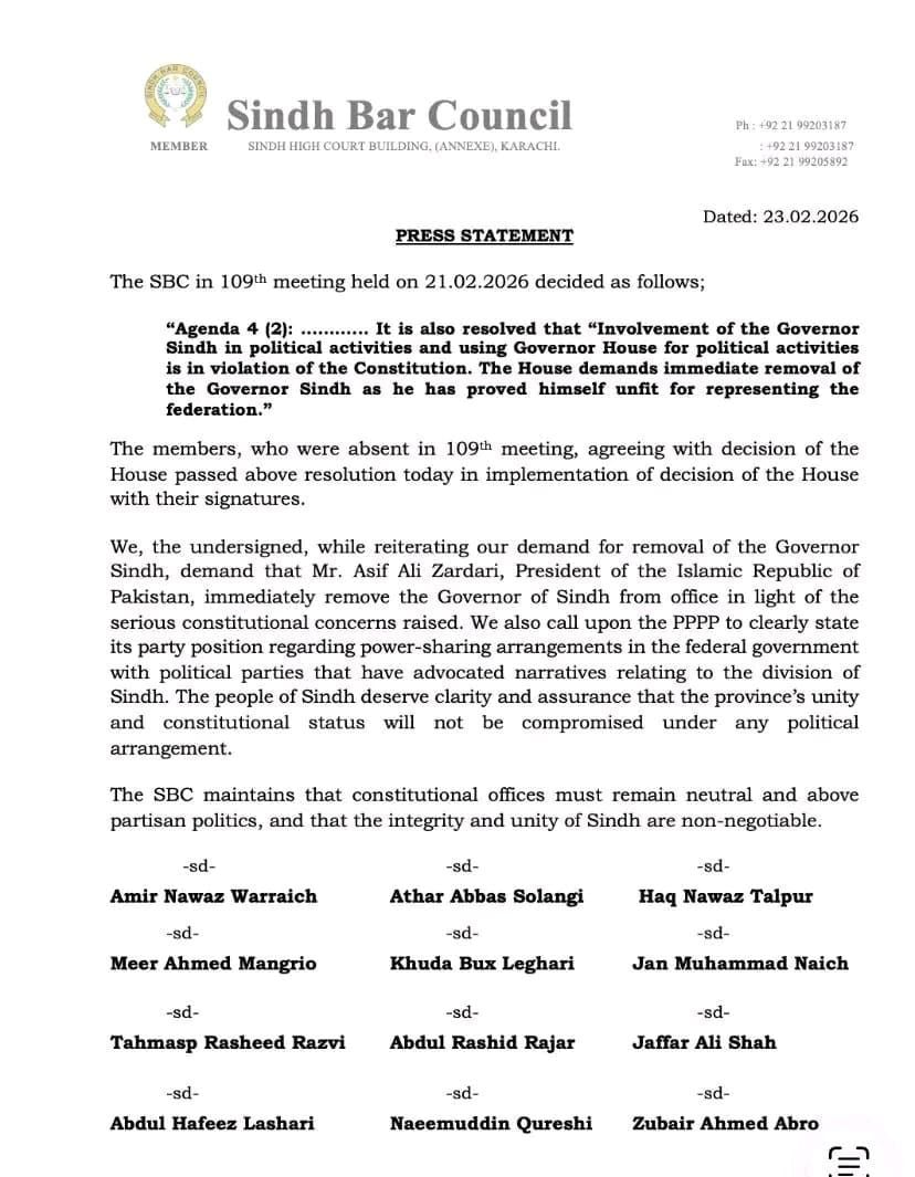 Sindh Bar Council calling for Governor Sindh Kamran Tessori's removal