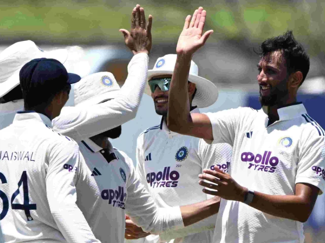 india s prasidh krishna r celebrates with teammates after taking the wicket of sri lanka s niroshan dixkwella during the fifth day of the first test between sri lanka and india at the galle international stadium in galle on august 19 2026 photo afp india s prasidh krishna r celebrates with teammates after taking the wicket of sri lanka s niroshan dixkwella during the fifth day of the first test between sri lanka and india at the galle international stadium in galle on august 19 2026 photo afp