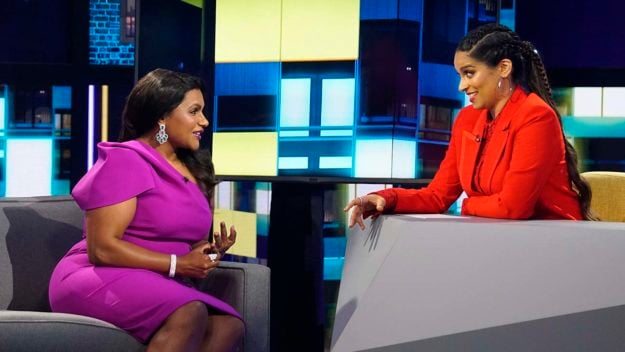 A LITLLE LATE WITH LILLY SINGH -- ?"Mindy Kaling?" Episode 105 -- Pictured: (l-r) Mindy Kaling, Lilly Singh -- (Photo by: Scott Angelheart/NBC)