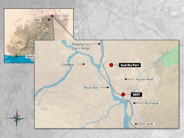 The map shows Sost Dry Port and villages nearby in Tehsil Gojal, District Hunza, as an entry point from China ending at Gwadar Port, Pakistan. Sept 27, 2025