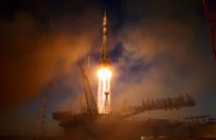 the soyuz ms 29 spacecraft carrying nasa astronaut anil menon roscosmos cosmonauts pyotr dubrov and anna kikina lifts off to the international space station iss from the launch pad at the baikonur cosmodrome kazakhstan july 14 2026 reuters