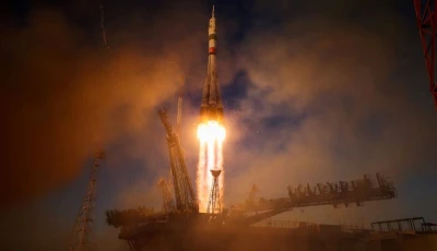 the soyuz ms 29 spacecraft carrying nasa astronaut anil menon roscosmos cosmonauts pyotr dubrov and anna kikina lifts off to the international space station iss from the launch pad at the baikonur cosmodrome kazakhstan july 14 2026 reuters