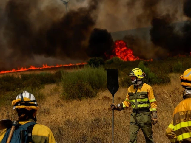 firefighters work to extinguish a wildfire on the outskirts of abejera de tabara zamora spain august 13 2025 photo reuters