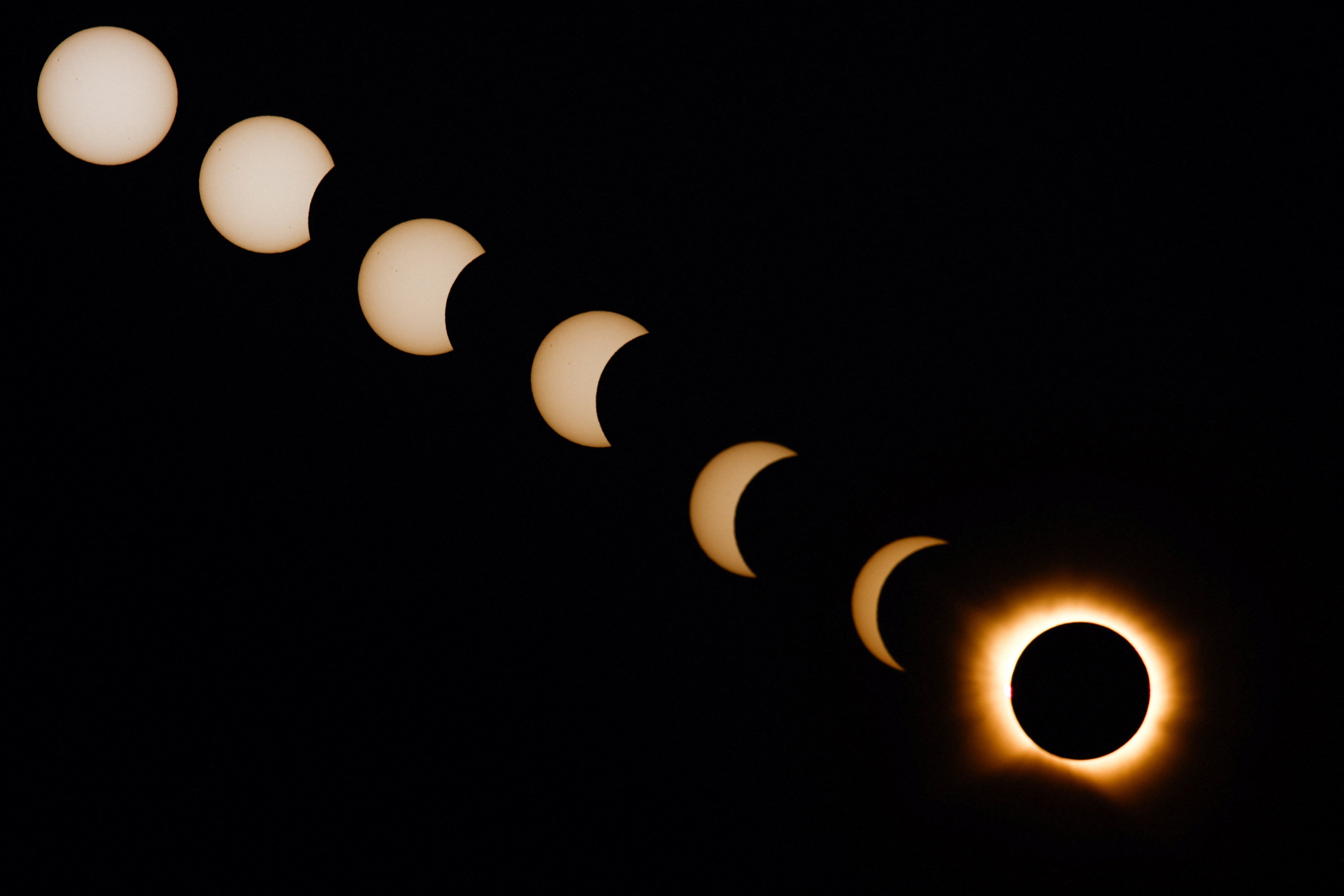 A composite image of seven separate photographs taken with a single fixed camera shows stages of a solar eclipse before, during and after totality, as seen from Arija, Spain, August 12, 2026. Photo: Reuters
