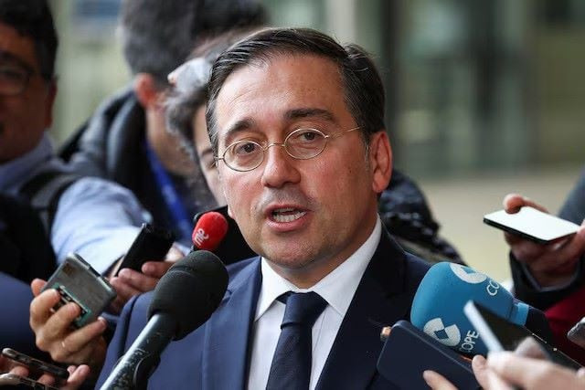 spanish foreign minister jose manuel albares speaks to the media on the day of a meeting to discuss the post brexit future of gibraltar at the european commission in brussels belgium april 12 2024 reuters spanish foreign minister jose manuel albares speaks to the media on the day of a meeting to discuss the post brexit future of gibraltar at the european commission in brussels belgium april 12 2024 reuters