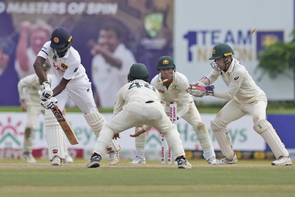 sri lanka s nishan peiris is bowled out during day four of the first test cricket match between sri lanka and australia in galle sri lanka saturday feb 1 2025 photo courtesy ap