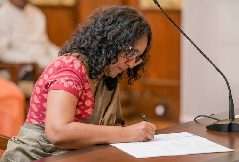 sri lankan prime minister harini amarasuriya is seen during her swearing in ceremony at the presidential secretariat in colombo sri lanka september 24 2024 photo reuters