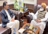 national assembly speaker ayaz sadiq speaks with maulana fazlur rehman during a meeting at the jui f chief s residence photo express screengrab