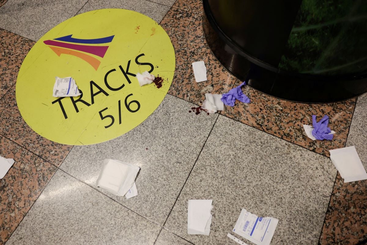 Traces of blood on the floor at the New Jersey transition after reports of a stabbing incident at Penn Station in New York City, U.S., June 7, 2026. REUTERS