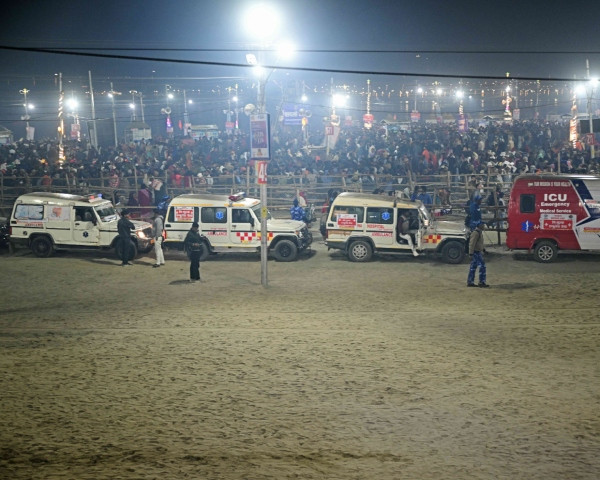 Ambulances at Triveni Sangam. Photo: AFP