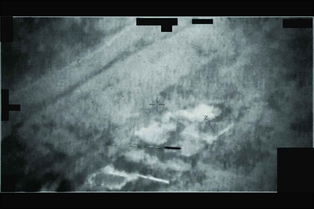 Still from a video that a US military operator reported as featuring UAP flying across their screen. US Defence