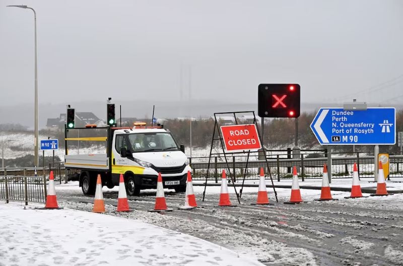 a road is closed as the queensferry crossing is closed due to the risk of falling ice as a result of storm bert near edinburgh scotland britain november 23 2024 photo reuters