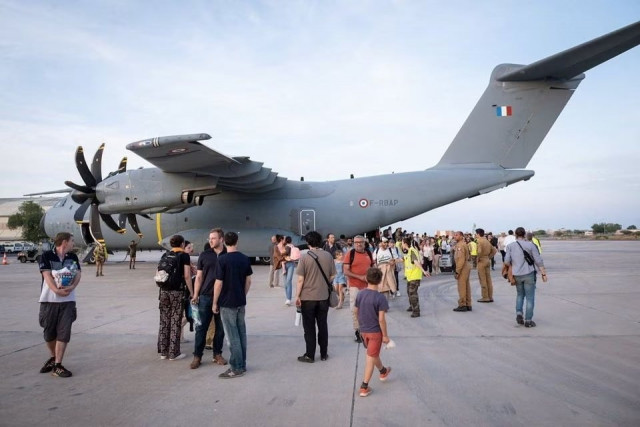 an aircraft from the french air force which picked up evacuees of different nationalities from sudan arrives in djibouti according to french president emmanuel macron s official twitter account in this undated handout image released on april 23 2023 photo reuters an aircraft from the french air force which picked up evacuees of different nationalities from sudan arrives in djibouti according to french president emmanuel macron s official twitter account in this undated handout image released on april 23 2023 photo reuters