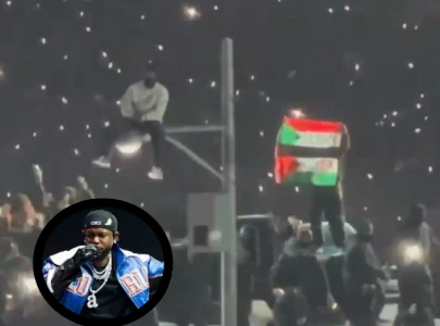 protester waving palestinian and sudanese flags removed during super bowl halftime show