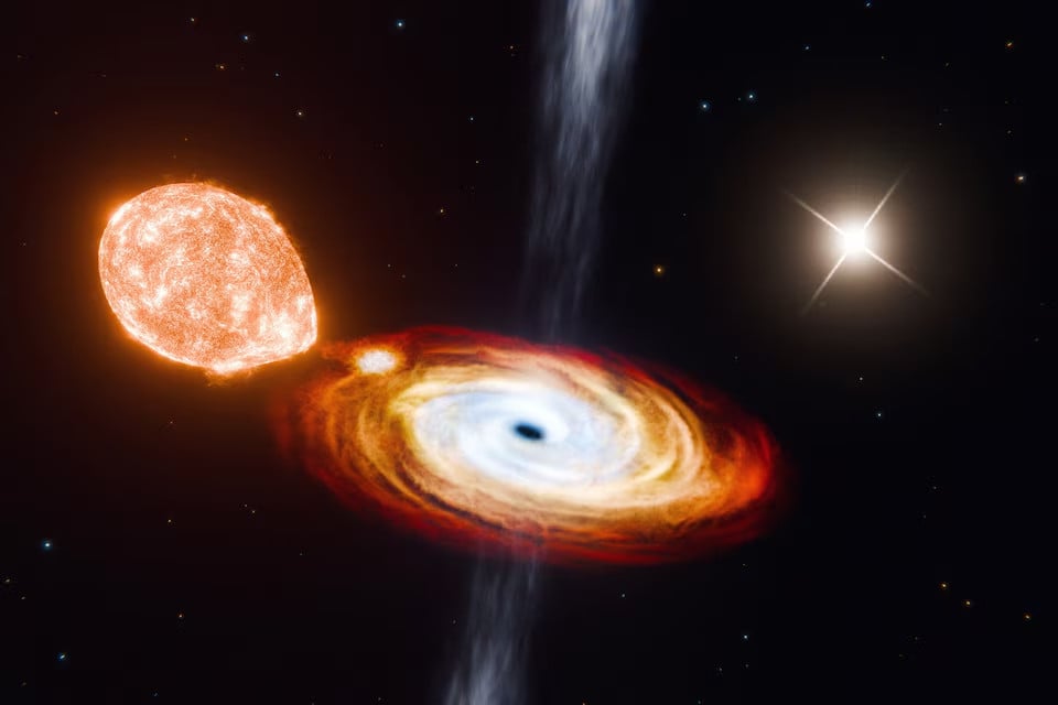 an artist s impression shows a triple star system called v404 cygni with a black hole and two ordinary stars material siphoned from the deformed nearby star left is pictured swirling around the black hole right as the third star top right shines in the distance photo reuters