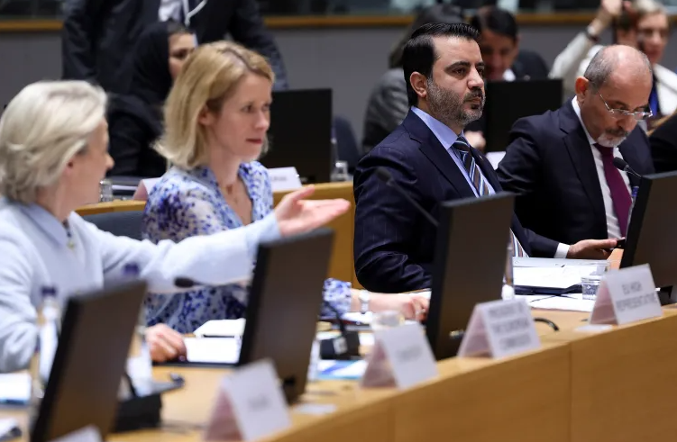 european commission president ursula von der leyen european union high representative for foreign affairs and security policy kaja kallas syrian foreign minister asaad hassan al shaibani and jordanian foreign minister ayman safadi attend the ninth brussels conference standing with syria hosted by the european union in brussels belgium photo reuters