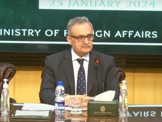 foreign secretary syrus sajjad qazi addressing a press conference at foreign office in islamabad on thursday january 25 2024 screengrab