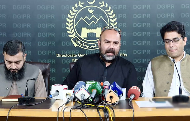 khyber pakhtunkhwa k p finance minister taimur khan jhagra is addressing a press conference in peshawar on monday oct 3 screengrab