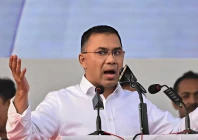 tarique rahman son of former prime minister khaleda zia and bangladesh nationalist party bnp s acting chairman addresses supporters during a rally after his arrival in dhaka on dec 25 2025 photo afp