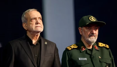 iranian president masoud pezeshkian and adviser to iran s supreme leader mohsen rezaei attend a farewell ceremony for iran s late supreme leader ayatollah ali khamenei who was killed on february 28 during israeli and us airstrikes on iran for international delegates at the imam khomeini grand mosalla in tehran iran july 3 2026 reuters