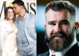 taylor lautner s wife reacts to jason kelce s team edward stance