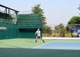 a player in action during his world junior tennis championship j 60 2025 match at the ptf complex in islamabad photo ptf