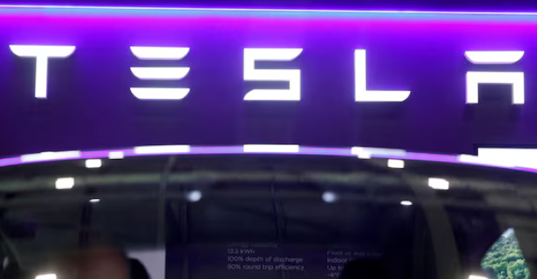 the logo of tesla on display at the everything electric exhibition at the excel london international exhibition and convention centre in london britain march 28 2024 photo reuters