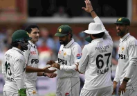 pakistan s muhammad abbas 2l celebrates with teammates after taking the wicket of england s dan lawrence on day four of the second test match between england and pakistan at lord s cricket ground in london on august 30 2026 photo afp
