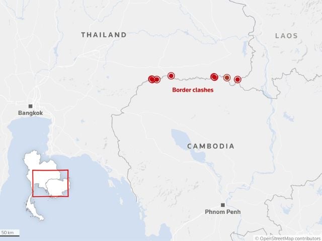 This map shows the locations where military clashes have occurred along the disputed border between Thailand and Cambodia. Source: Reuters