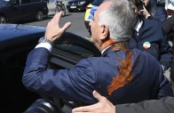 reza pahlavi an iranian political opposition leader in exile departs after he was pelted from behind with a tomato based substance by an assailant in berlin germany april 23 anadolu agency