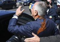 reza pahlavi an iranian political opposition leader in exile departs after he was pelted from behind with a tomato based substance by an assailant in berlin germany april 23 anadolu agency