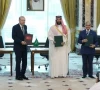 turkish president recep tayyip erdogan saudi crown prince mohammed bin salman and pm shehbaz sharif pose after signing a joint defence agreement in makkah saudi arabia saudi press agency
