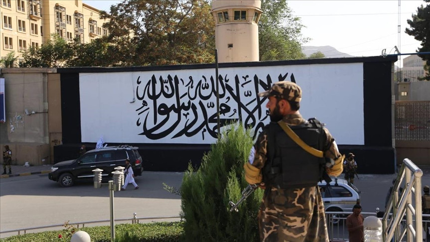 a photo shows the us embassy walls after being painted with taliban flag in kabul afghanistan on september 8 2021 photo aa