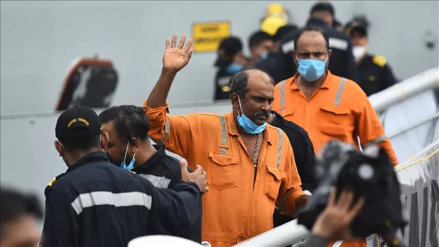 people rescued by the indian navy from a barge that sank in the arabian sea walk out from indian naval ship ins kochi at naval dockyard in mumbai india on wednesday may 19 2021 imtiyaz shaikh anadolu agency people rescued by the indian navy from a barge that sank in the arabian sea walk out from indian naval ship ins kochi at naval dockyard in mumbai india on wednesday may 19 2021 imtiyaz shaikh anadolu agency