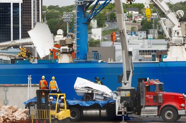 a view of the horizon arctic ship as salvaged pieces of the titan submersible from oceangate expeditions are returned in st john s harbour newfoundland canada june 28 2023 reuters david hiscock