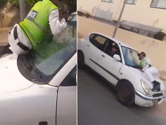 traffic constable sadaqat signalled a vehicle to stop in karachi s dha after it ran a red light instead of complying the driver accelerated screengrab