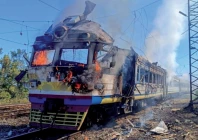 a locomotive of a passenger train burns following a russian drone strike in kharkiv region of ukraine photo reuters