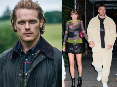 outlander s sam heughan states taylor swift will forget travis kelce after meeting him