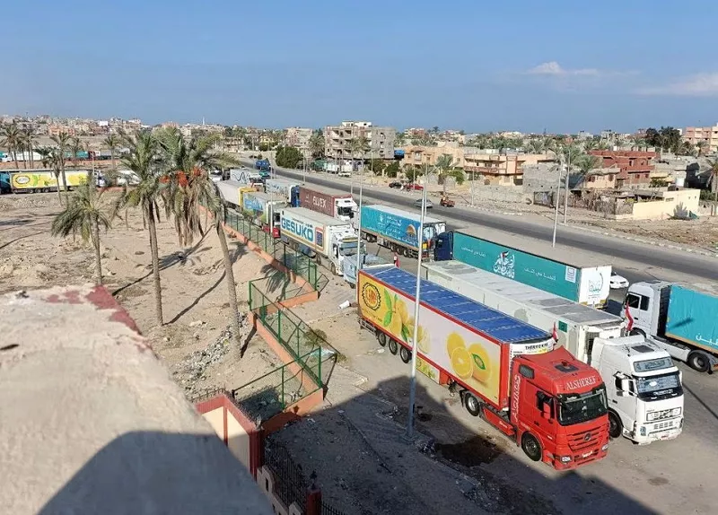 trucks carrying humanitarian aid as they wait for the re opening of the rafah border crossing to enter gaza in the city of al arish sinai peninsula egypt october 16 2023 photo reuters trucks carrying humanitarian aid as they wait for the re opening of the rafah border crossing to enter gaza in the city of al arish sinai peninsula egypt october 16 2023 photo reuters