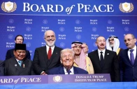 us president donald trump indonesia s president prabowo subianto albania s prime minister edi rama saudi minister of state for foreign affairs cabinet member and climate envoy adel al jubeir azerbaijani president ilham aliyev and jordan s foreign minister ayman safadi attend the inaugural board of peace meeting at the us institute of peace in washington d c us february 19 2026 reuters