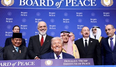 us president donald trump indonesia s president prabowo subianto albania s prime minister edi rama saudi minister of state for foreign affairs cabinet member and climate envoy adel al jubeir azerbaijani president ilham aliyev and jordan s foreign minister ayman safadi attend the inaugural board of peace meeting at the us institute of peace in washington d c us february 19 2026 reuters